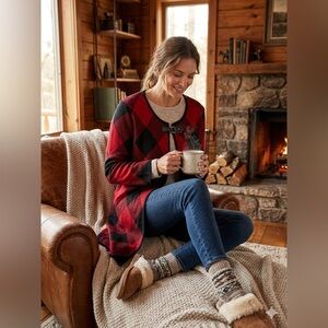 SIZE XL Anne Klein® Red Buffalo Plaid Longline Cardigan Sweater with Buckle